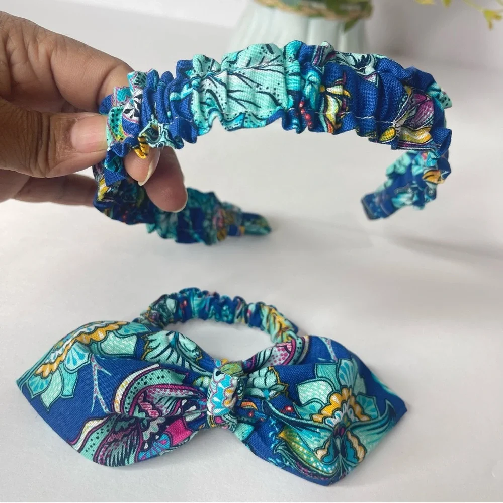 Ruffle Headbands end Scrunchie Set Girls Handmade Hair floral blue